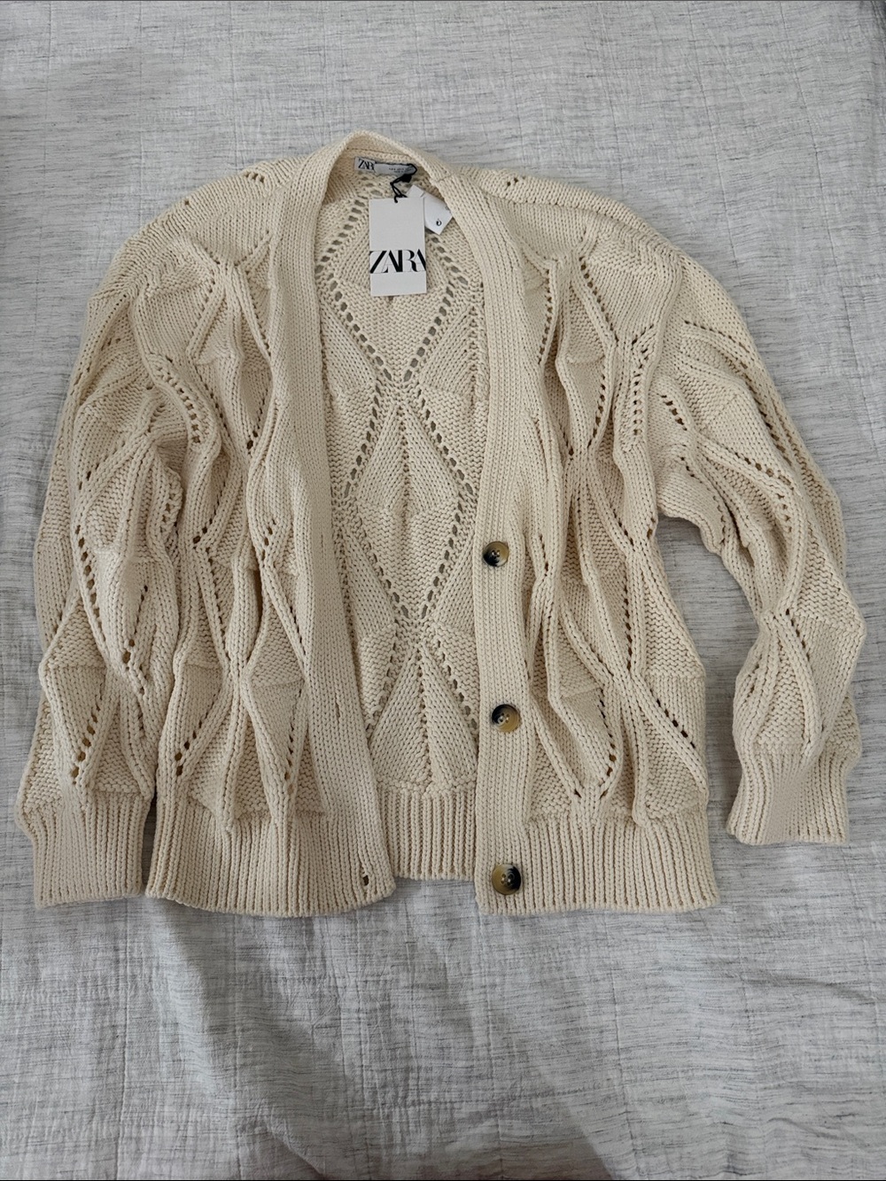 Zara Cream Open-Knit Button Cardigan
